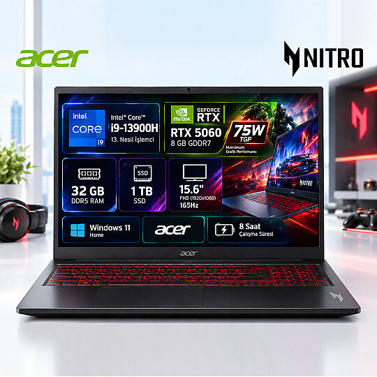 Acer Nitro V 15 ANV15-52-994B Intel Core i9-13900H 32GB RAM 1TB SSD RTX 5060 8GB 15.6" FHD 165Hz Win 11 Home Oyuncu Dizüstü Bilgisayar