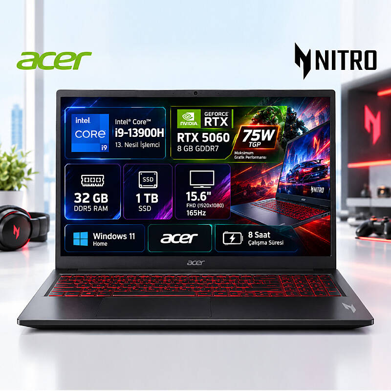 Acer Nitro V 15 ANV15-52-994B Intel Core i9-13900H 32GB RAM 1TB SSD RTX 5060 8GB 15.6" FHD 165Hz Win 11 Home Oyuncu Dizüstü Bilgisayar - 1